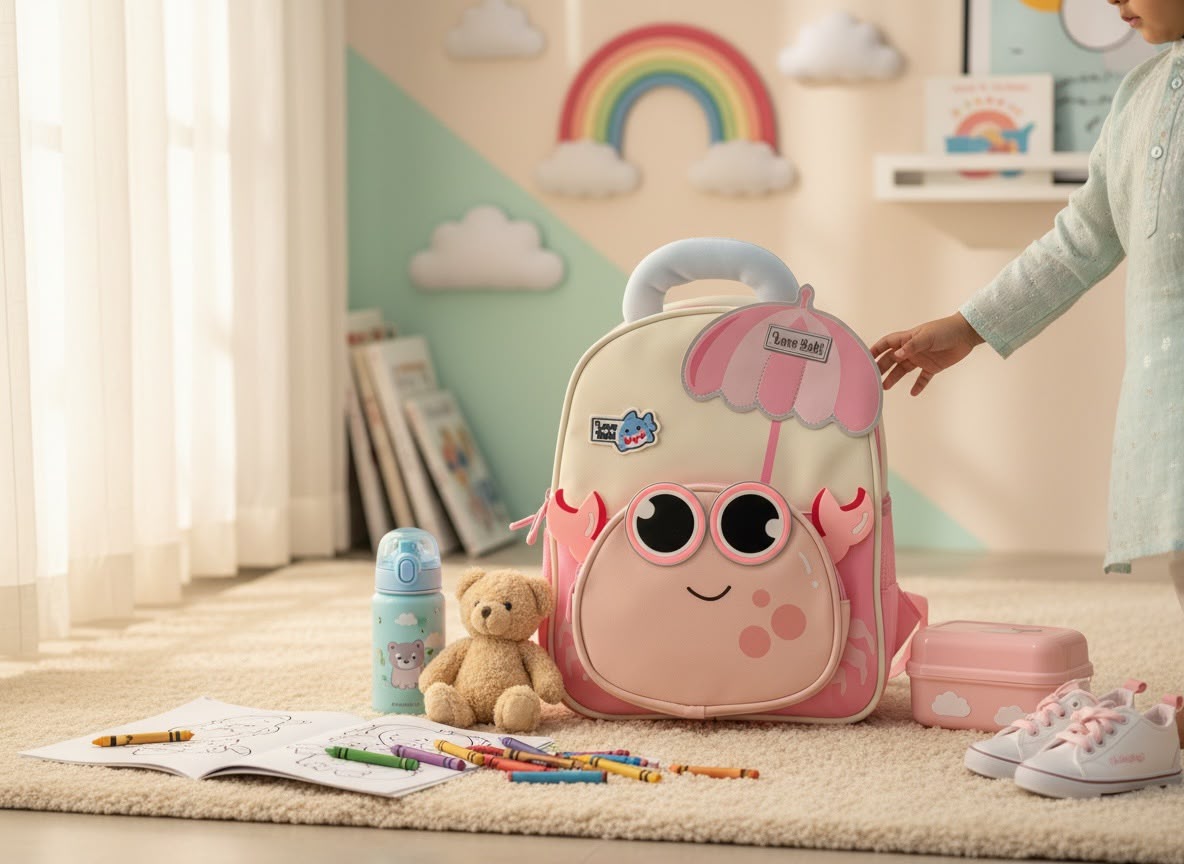 Little Explorer Pre-School Backpack | Cute Crab Design Lightweight Toddler School Bag | Nursery & Preschool Cartoon Backpack with Front Pocket