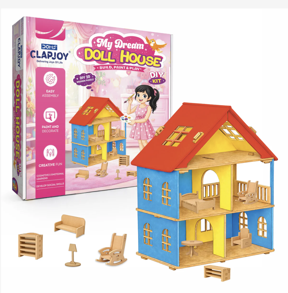 DIY Wooden Toy House with Furniture for kids | DIY Dollhouse Building Kit with Paint set, Easy Assembly with Instructions