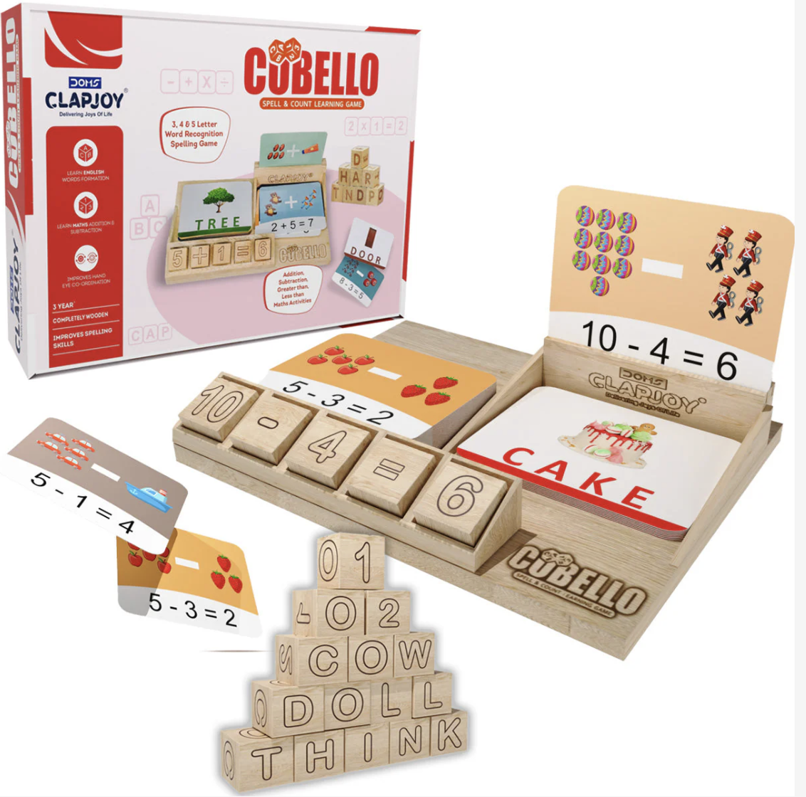 Cubello Spelling, Addition and Subtraction Learning Toy for Kids Learning Word Game & Math with Flash Cards