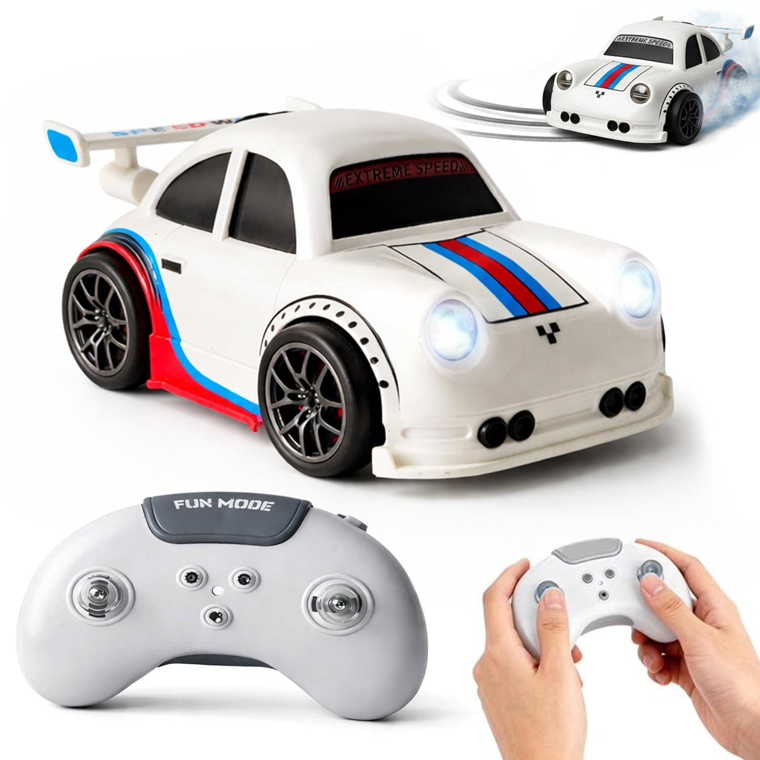 High-Speed RC Drift Car with Remote Control, USB Rechargeable Racing Toy Car, LED Lights, 2.4GHz Controller, Kids & Adults Gift (White & Black)