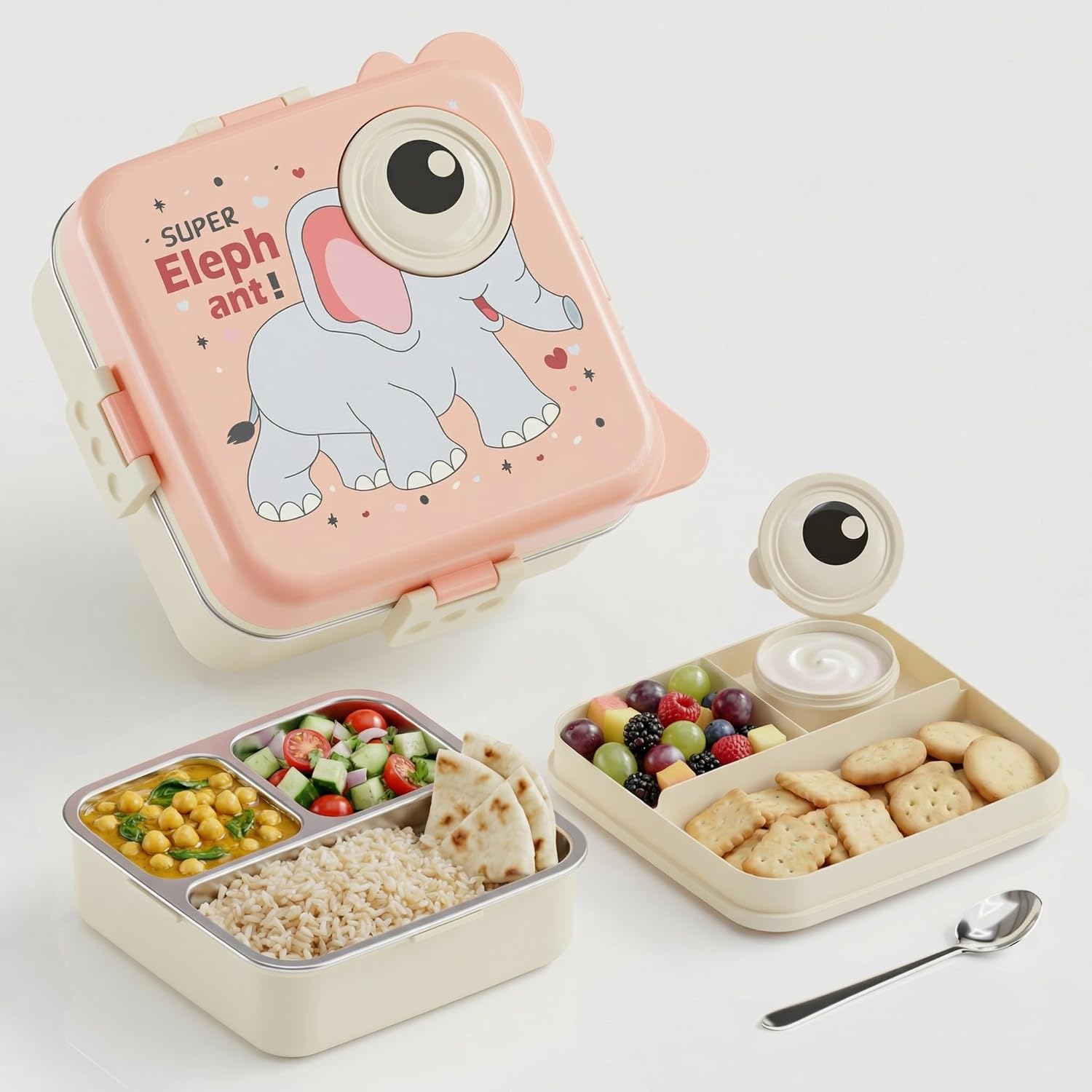 Kids Lunch Box for School, Stainless Steel Insulated Tiffin Box with Spoon, Leak Proof 3 Compartments Bento Box